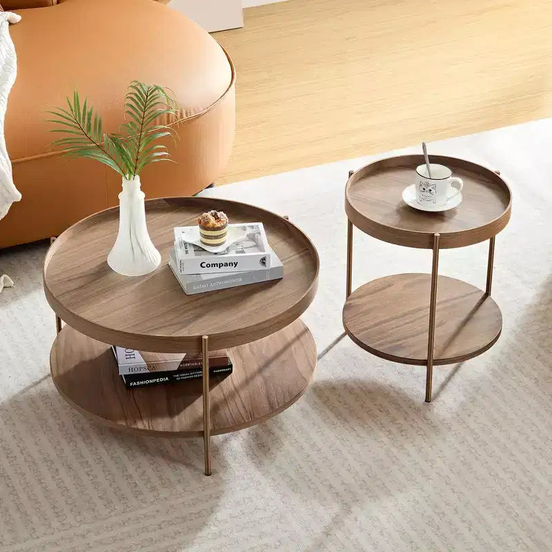 Ensemble de 2 tables basses rondes modernes à 2 niveaux, tables d'appoint élégantes en bois pour salon, chambre, bureau et balcon 4Q - ModernLuxe