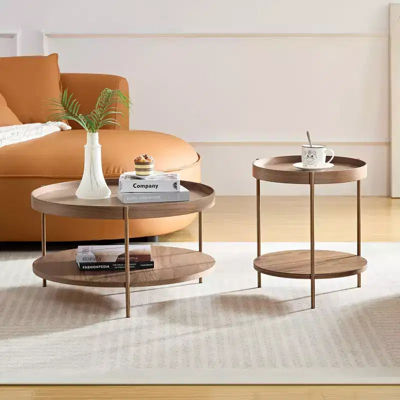 Ensemble de 2 tables basses rondes modernes à 2 niveaux, tables d'appoint élégantes en bois pour salon, chambre, bureau et balcon 4Q - ModernLuxe