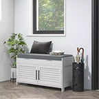 Banc à chaussures HOMCOM, banc d'entrée moderne avec coussin et compartiments cachés, organisateur de chaussures de 89,9 cm avec étagères réglables et portes à persiennes, blanc
