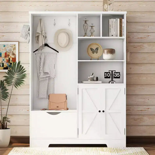52.7W 5-in-1 Hall Tree with 7 Hooks , Shoe Cabinet and Entryway Storage Bench, Modern Coat Rack with Storage Shelves 4Q - ModernLuxe
