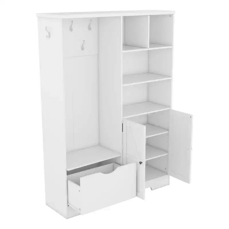 Meuble d'entrée 5 en 1 ModernLuxe de 52,7 po avec 7 crochets, armoire à chaussures et banc de rangement pour entrée, porte-manteau moderne avec étagères de rangement 4Q