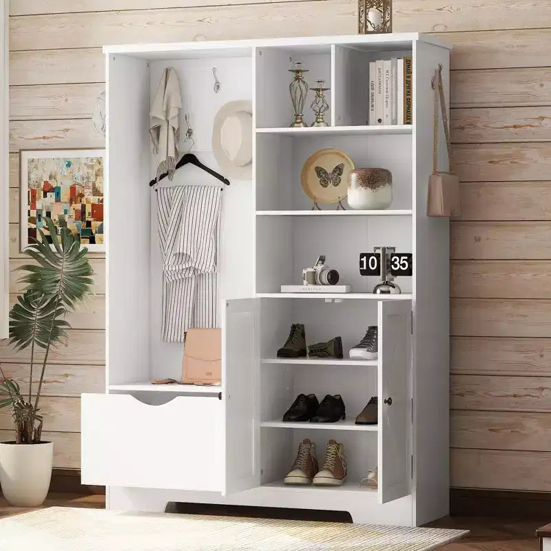 Meuble d'entrée 5 en 1 ModernLuxe de 52,7 po avec 7 crochets, armoire à chaussures et banc de rangement pour entrée, porte-manteau moderne avec étagères de rangement 4Q