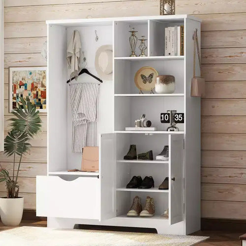 Meuble d'entrée 5 en 1 ModernLuxe de 52,7 po avec 7 crochets, armoire à chaussures et banc de rangement pour entrée, porte-manteau moderne avec étagères de rangement 4Q