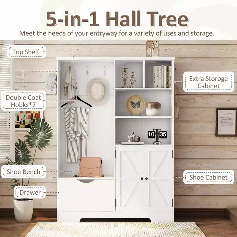 Meuble d'entrée 5 en 1 ModernLuxe de 52,7 po avec 7 crochets, armoire à chaussures et banc de rangement pour entrée, porte-manteau moderne avec étagères de rangement 4Q