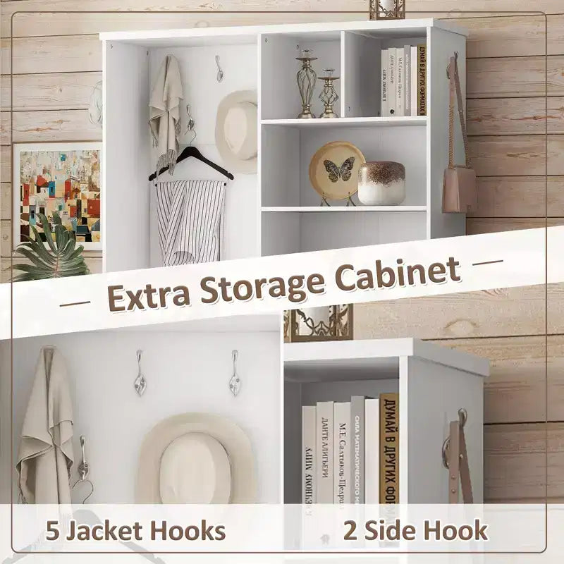 Meuble d'entrée 5 en 1 ModernLuxe de 52,7 po avec 7 crochets, armoire à chaussures et banc de rangement pour entrée, porte-manteau moderne avec étagères de rangement 4Q