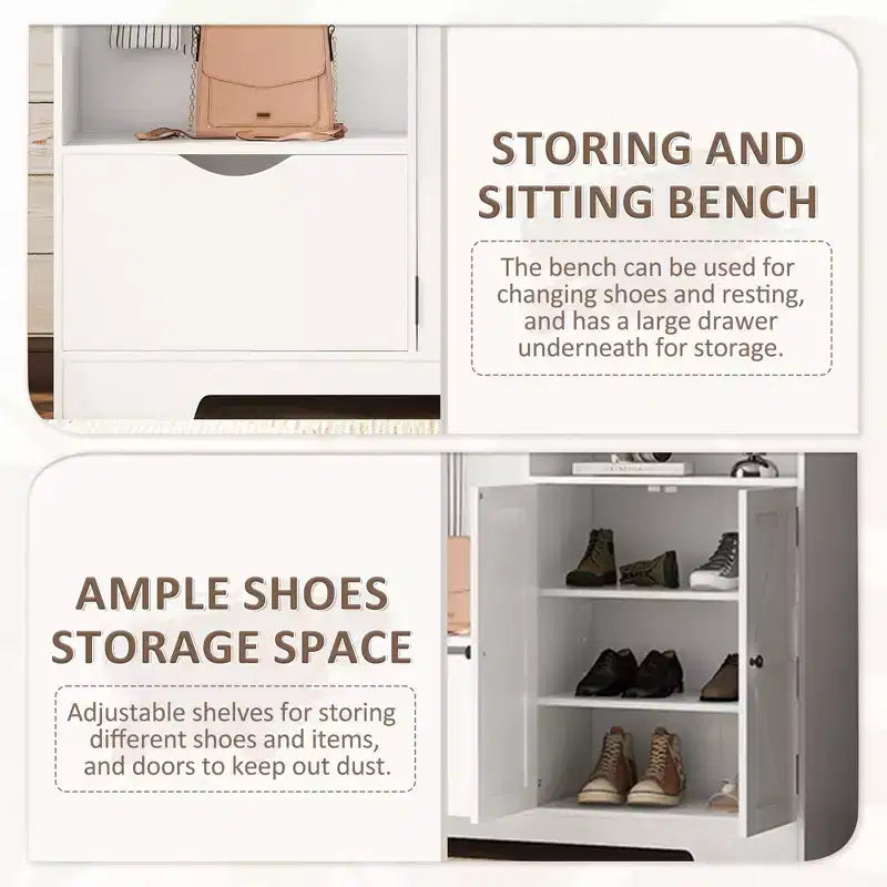 Meuble d'entrée 5 en 1 ModernLuxe de 52,7 po avec 7 crochets, armoire à chaussures et banc de rangement pour entrée, porte-manteau moderne avec étagères de rangement 4Q