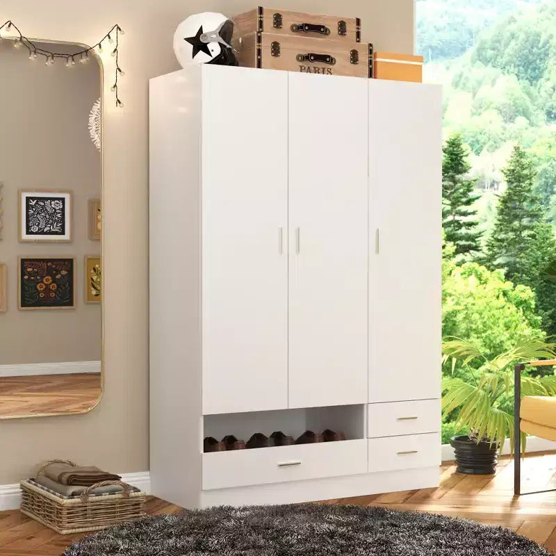 Armoire blanche Famapy avec coiffeuse et miroir, garde-robe polyvalente