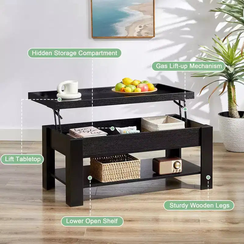 VECELO Table basse relevable avec compartiment caché et étagère de rangement Table à manger pour salon