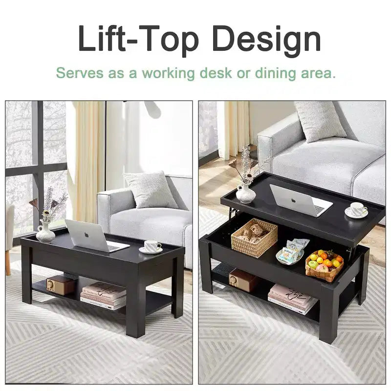 VECELO Table basse relevable avec compartiment caché et étagère de rangement Table à manger pour salon