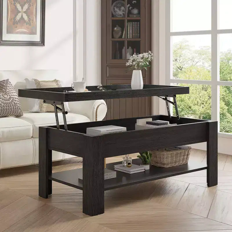VECELO Table basse relevable avec compartiment caché et étagère de rangement Table à manger pour salon