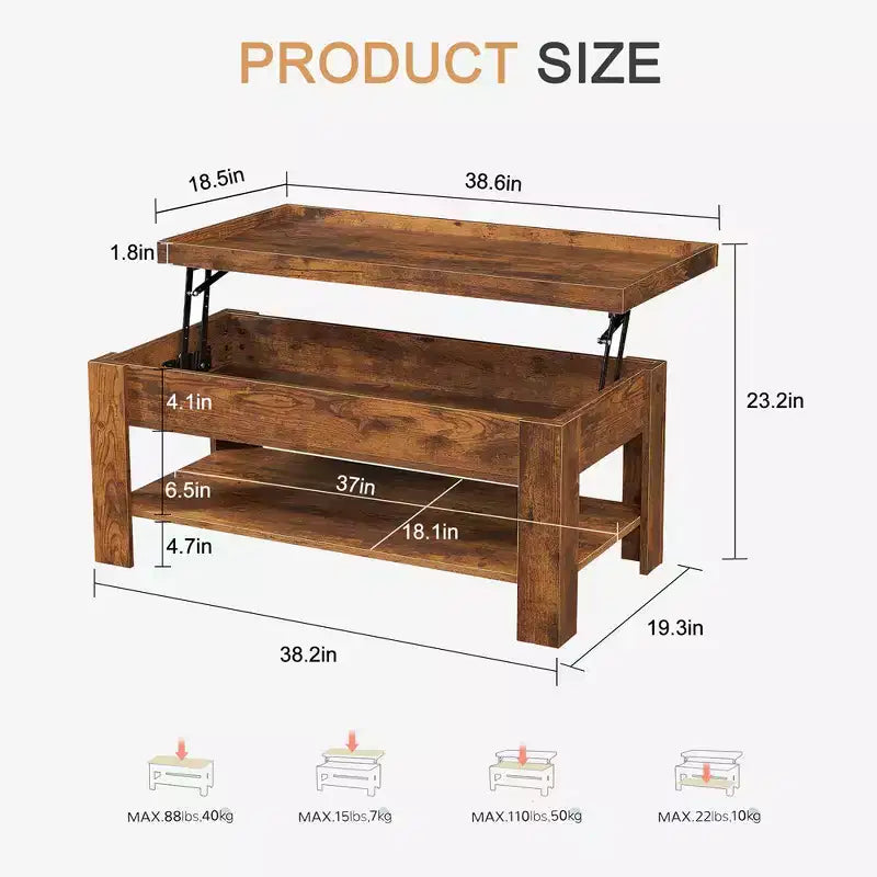 VECELO Table basse relevable avec compartiment caché et étagère de rangement Table à manger pour salon