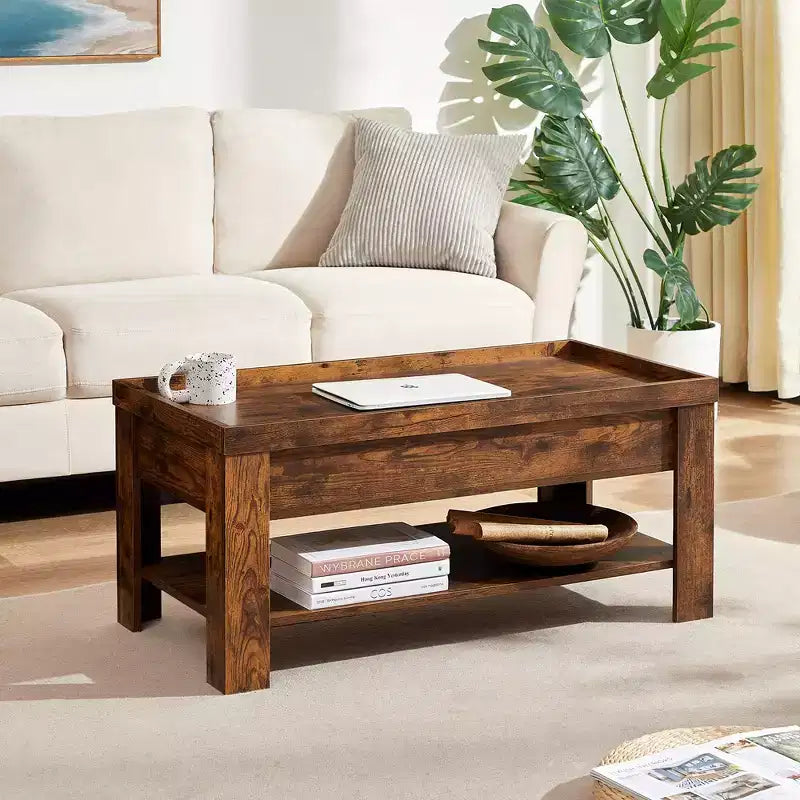 VECELO Table basse relevable avec compartiment caché et étagère de rangement Table à manger pour salon