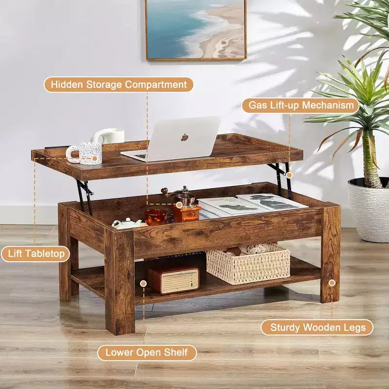 VECELO Table basse relevable avec compartiment caché et étagère de rangement Table à manger pour salon