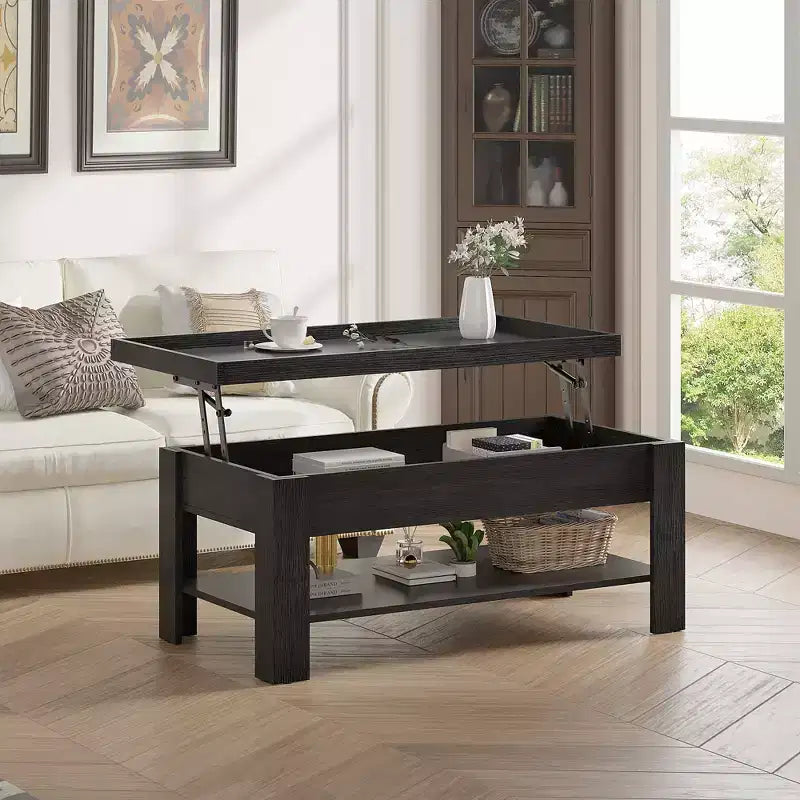 VECELO Table basse relevable avec compartiment caché et étagère de rangement Table à manger pour salon