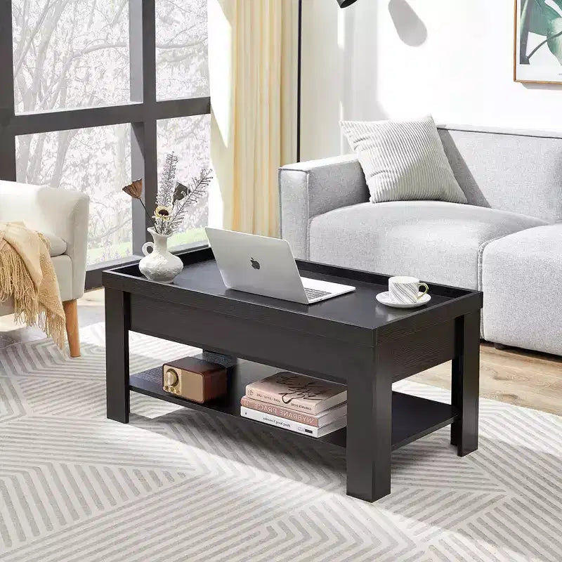 VECELO Table basse relevable avec compartiment caché et étagère de rangement Table à manger pour salon