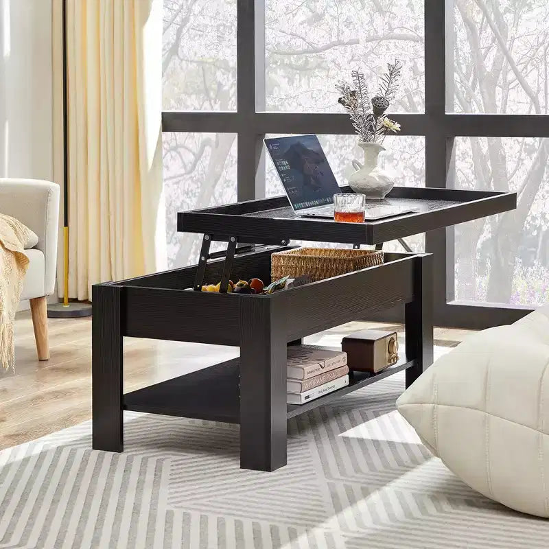 VECELO Table basse relevable avec compartiment caché et étagère de rangement Table à manger pour salon