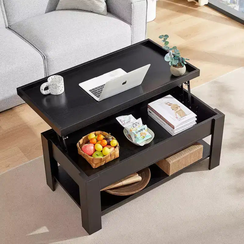 VECELO Table basse relevable avec compartiment caché et étagère de rangement Table à manger pour salon