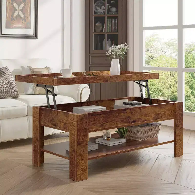 VECELO Table basse relevable avec compartiment caché et étagère de rangement Table à manger pour salon