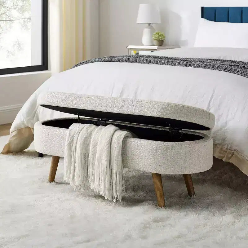 Banc de rangement ottoman, lin gris 43,5x16x16 pieds en bois rembourrés blancs dessus relevable sécurisé repose-pieds ovale charnière de canapé longue pour salon