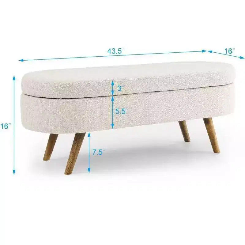 Banc de rangement ottoman, lin gris 43,5x16x16 pieds en bois rembourrés blancs dessus relevable sécurisé repose-pieds ovale charnière de canapé longue pour salon