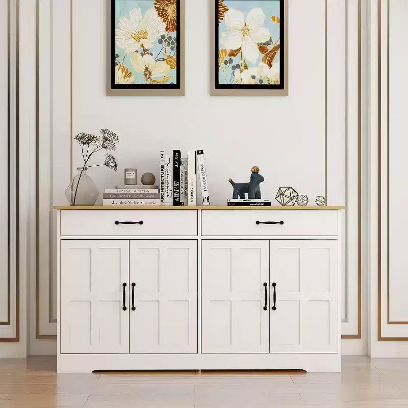 47.95 Buffet bahut, meuble de rangement de ferme avec 2 tiroirs et 4 portes pour salle à manger, salon, cuisine