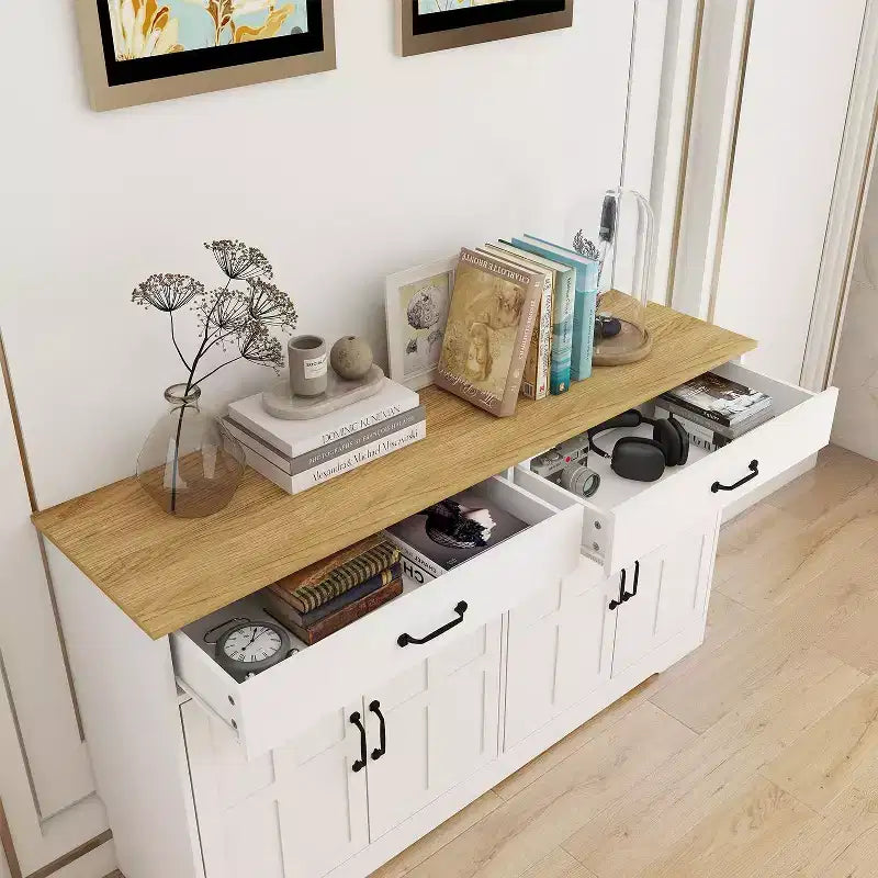 47.95 Buffet bahut, meuble de rangement de ferme avec 2 tiroirs et 4 portes pour salle à manger, salon, cuisine