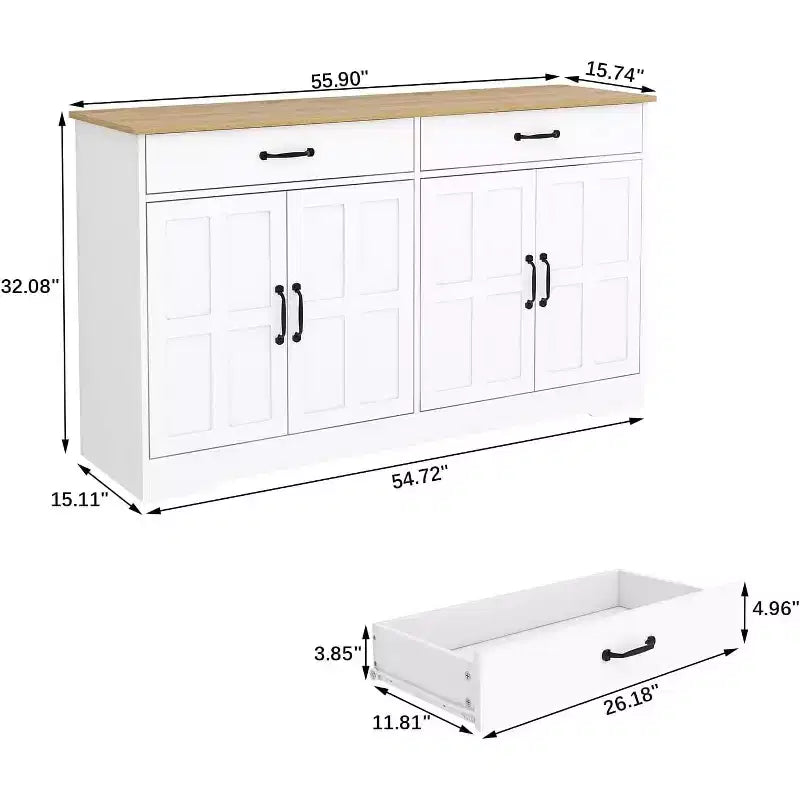 47.95 Buffet bahut, meuble de rangement de ferme avec 2 tiroirs et 4 portes pour salle à manger, salon, cuisine
