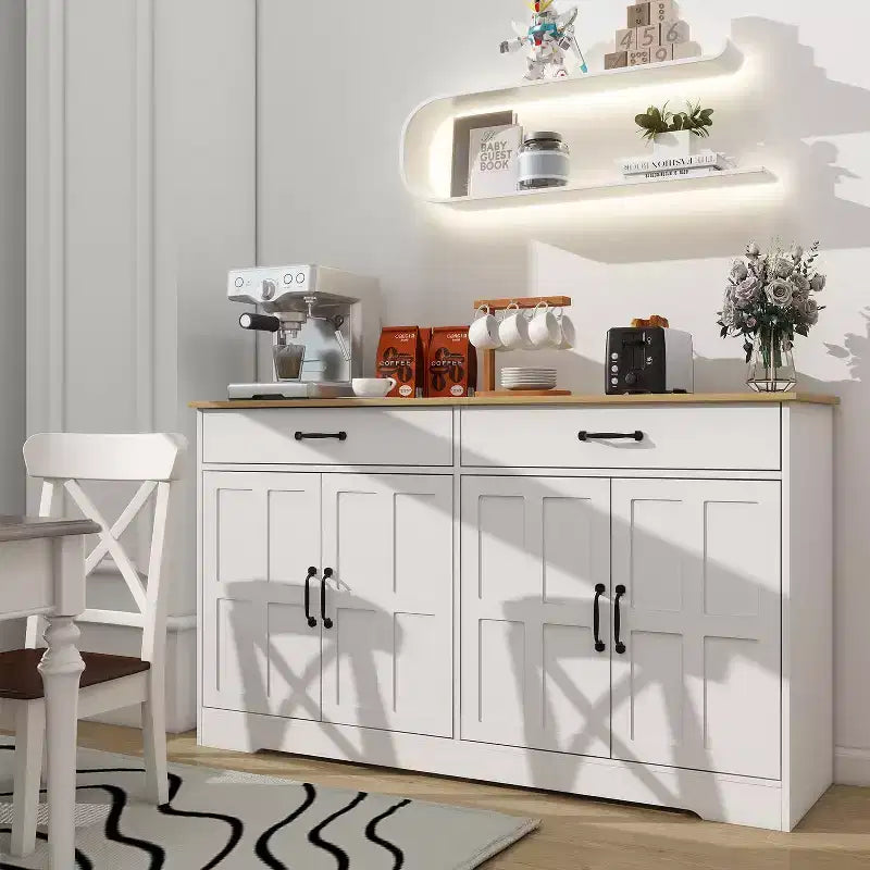 47.95 Buffet bahut, meuble de rangement de ferme avec 2 tiroirs et 4 portes pour salle à manger, salon, cuisine
