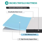 FDW Matelas pliable 4 pouces à triple pli en mousse à mémoire de forme, surmatelas portable pliable avec housse lavable pour le camping