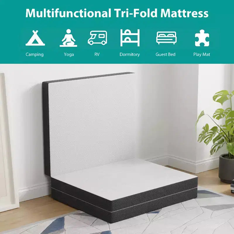 FDW Matelas pliable 4 pouces à triple pli en mousse à mémoire de forme, surmatelas portable pliable avec housse lavable pour le camping