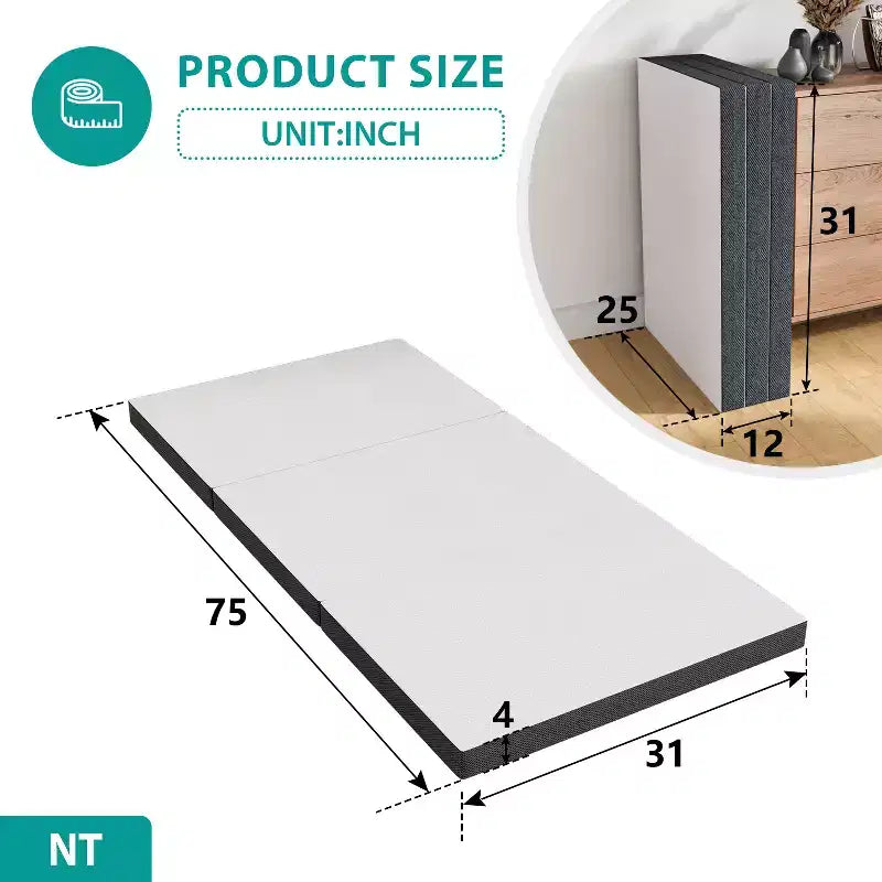FDW Matelas pliable 4 pouces à triple pli en mousse à mémoire de forme, surmatelas portable pliable avec housse lavable pour le camping