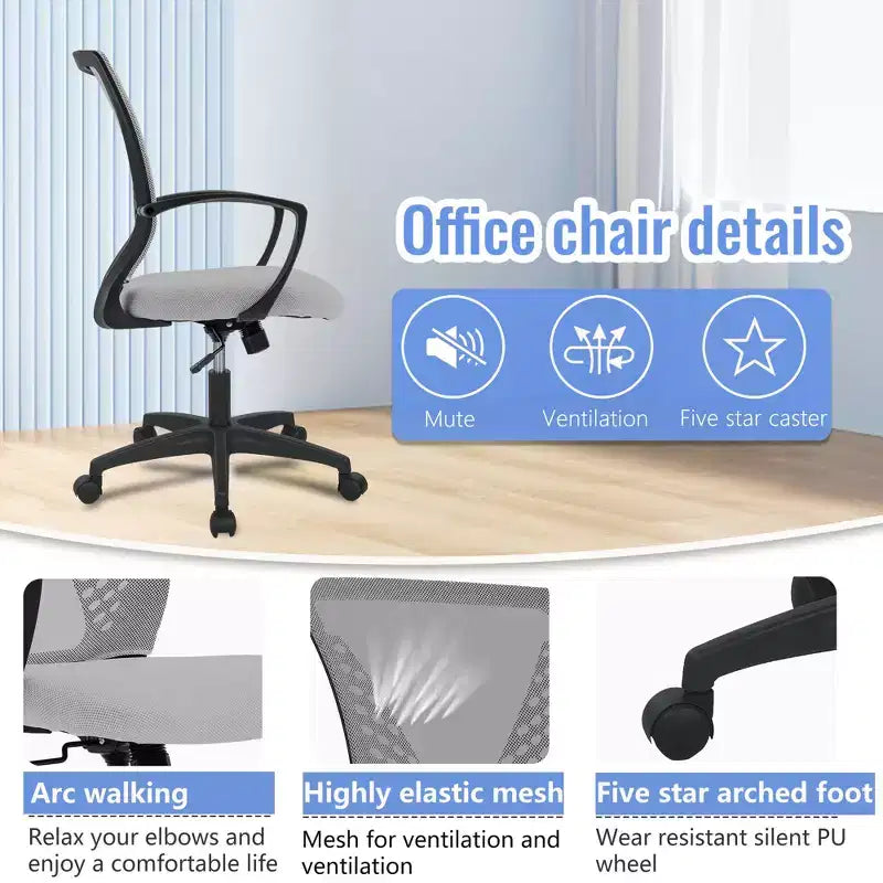 Chaise de bureau FDW à dossier mi-haut, fauteuil pivotant pour PC avec soutien lombaire, hauteur réglable, chaise d'ordinateur de bureau confortable en maille avec accoudoir