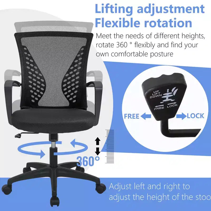 Chaise de bureau FDW à dossier mi-haut, fauteuil pivotant pour PC avec soutien lombaire, hauteur réglable, chaise d'ordinateur de bureau confortable en maille avec accoudoir