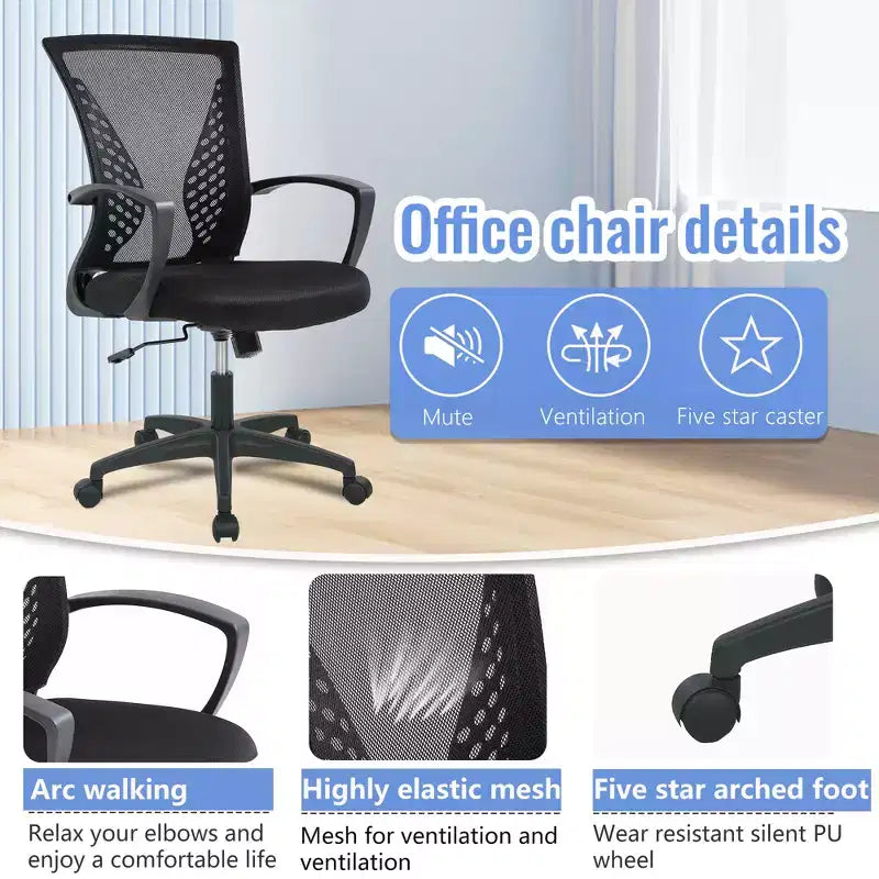 Chaise de bureau FDW à dossier mi-haut, fauteuil pivotant pour PC avec soutien lombaire, hauteur réglable, chaise d'ordinateur de bureau confortable en maille avec accoudoir