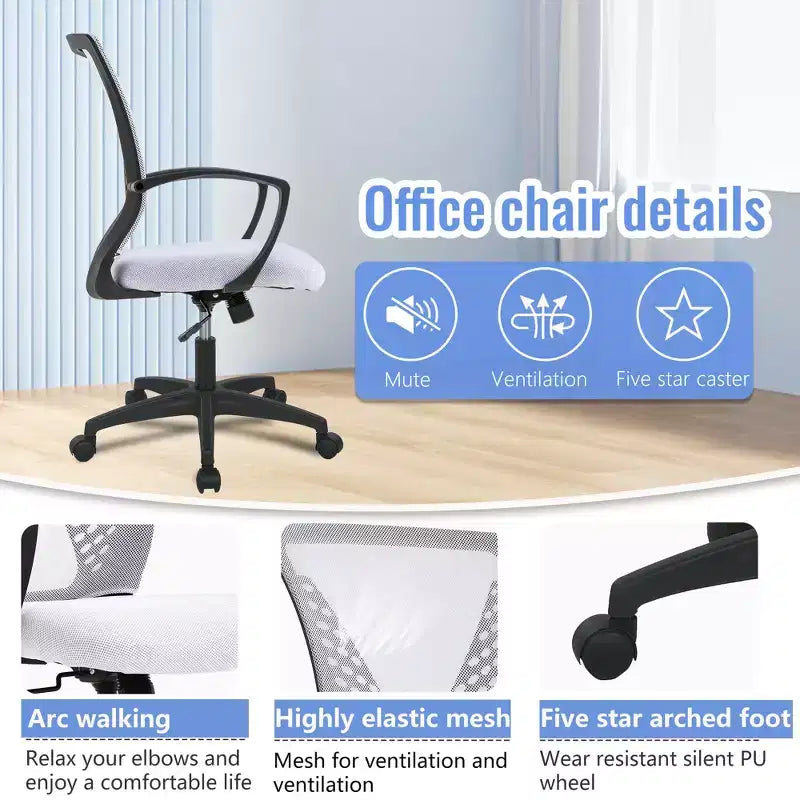 Chaise de bureau FDW à dossier mi-haut, fauteuil pivotant pour PC avec soutien lombaire, hauteur réglable, chaise d'ordinateur de bureau confortable en maille avec accoudoir
