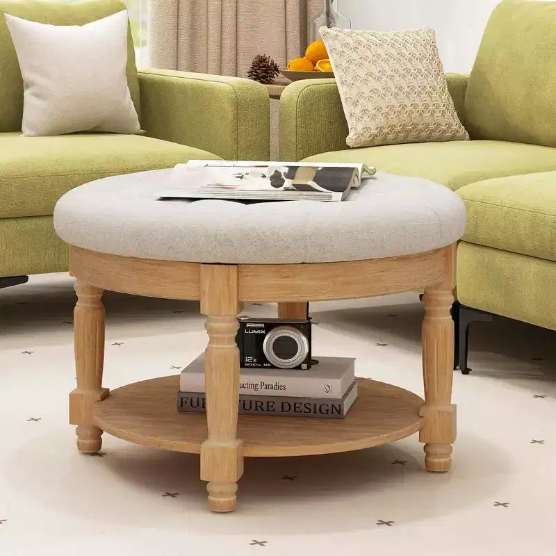 Costway Grand Pouf Rond de 74 cm avec Rangement, Banc Coffre avec Plateau Relevable et Étagère de Rangement