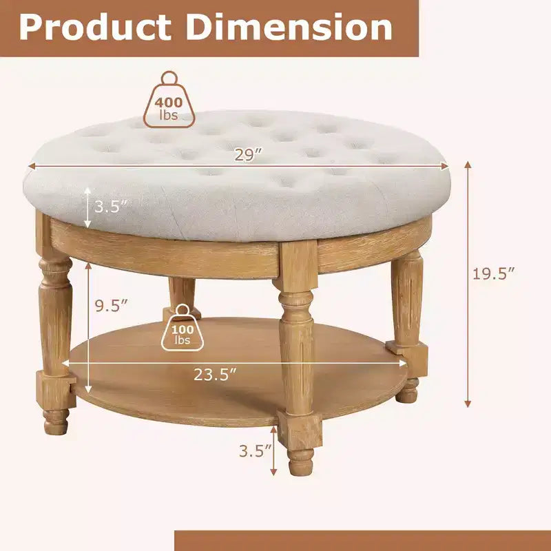 Costway Grand Pouf Rond de 74 cm avec Rangement, Banc Coffre avec Plateau Relevable et Étagère de Rangement