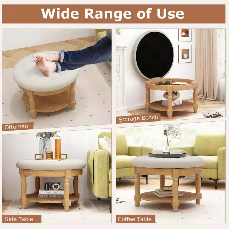 Costway Grand Pouf Rond de 74 cm avec Rangement, Banc Coffre avec Plateau Relevable et Étagère de Rangement