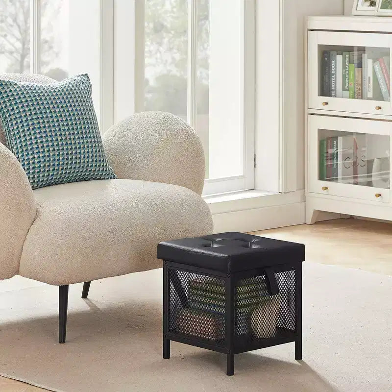 VECELO Pouf de rangement, Repose-pieds Tabouret, Petit pouf carré 35 cm H, Noir
