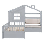 Lit cabane jumeau avec canapé, lit plateforme pour enfants avec deux tiroirs et étagère de rangement, gris