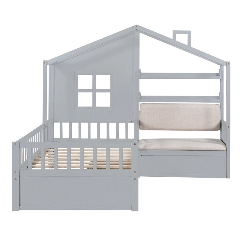 Lit cabane jumeau avec canapé, lit plateforme pour enfants avec deux tiroirs et étagère de rangement, gris