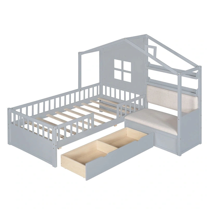 Lit cabane jumeau avec canapé, lit plateforme pour enfants avec deux tiroirs et étagère de rangement, gris