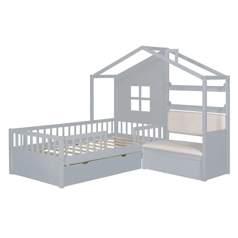 Lit cabane jumeau avec canapé, lit plateforme pour enfants avec deux tiroirs et étagère de rangement, gris