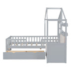Lit cabane jumeau avec canapé, lit plateforme pour enfants avec deux tiroirs et étagère de rangement, gris