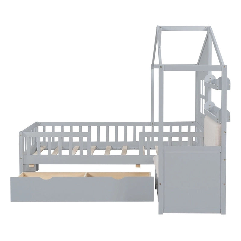 Lit cabane jumeau avec canapé, lit plateforme pour enfants avec deux tiroirs et étagère de rangement, gris