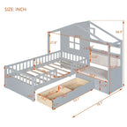 Lit cabane jumeau avec canapé, lit plateforme pour enfants avec deux tiroirs et étagère de rangement, gris