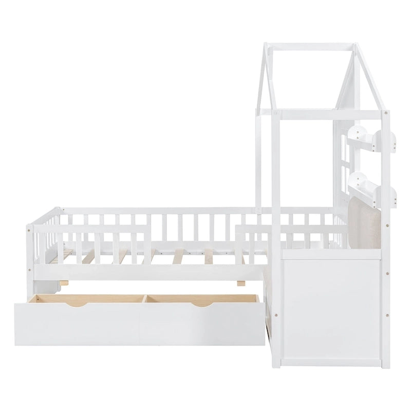 Lit cabane jumeau avec canapé, lit plateforme pour enfants avec deux tiroirs et étagère de rangement, gris