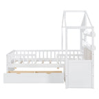 Lit cabane jumeau avec canapé, lit plateforme pour enfants avec deux tiroirs et étagère de rangement, gris