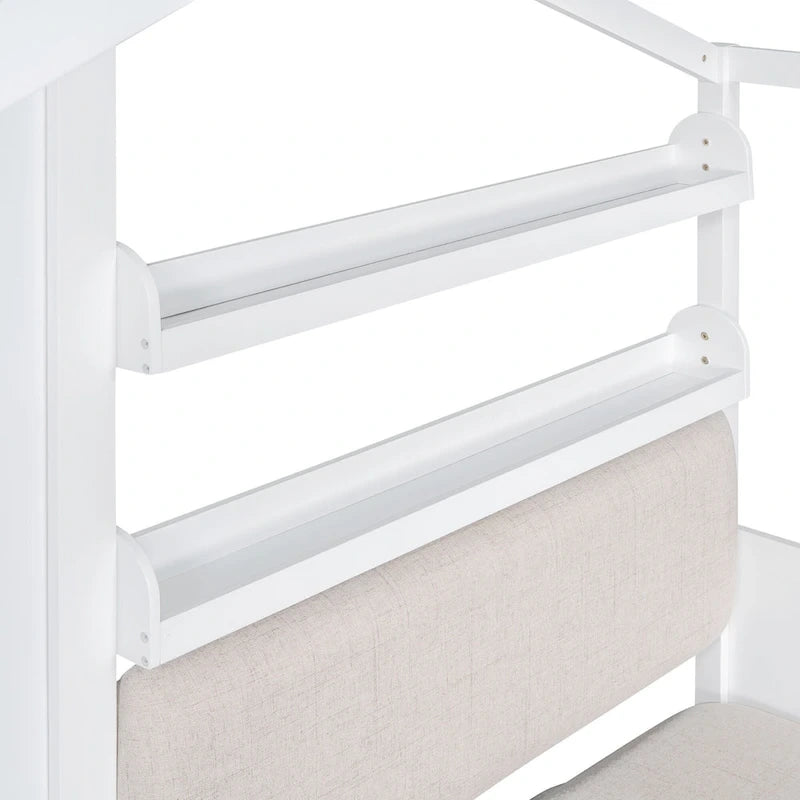 Lit cabane jumeau avec canapé, lit plateforme pour enfants avec deux tiroirs et étagère de rangement, gris