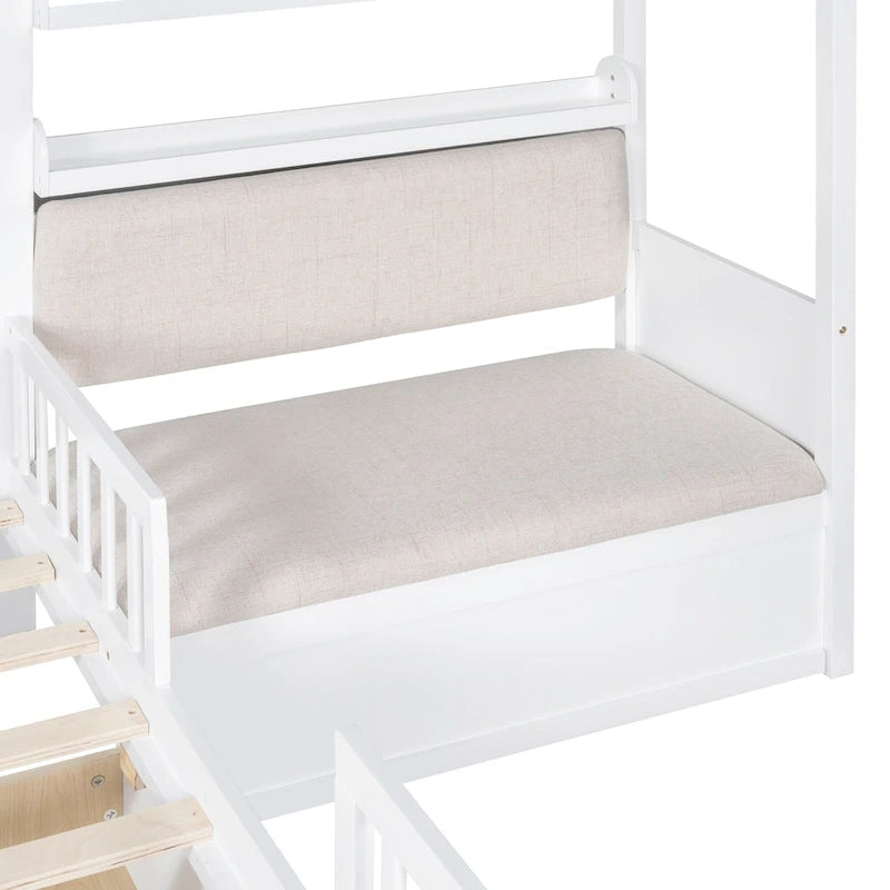 Lit cabane jumeau avec canapé, lit plateforme pour enfants avec deux tiroirs et étagère de rangement, gris